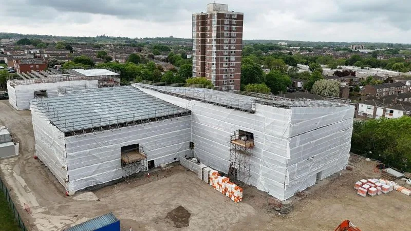 The Greenwell Academy &mdash; aerial view of two fully sheeted temporary roofs over the new SEND school in Harlow