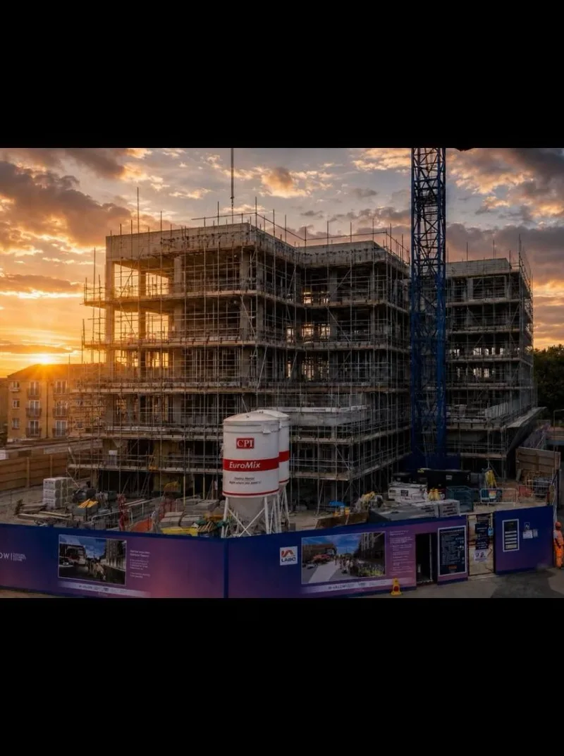 Occasio House &mdash; access scaffold across new-build blocks at Harlow Playhouse Cultural Quarter