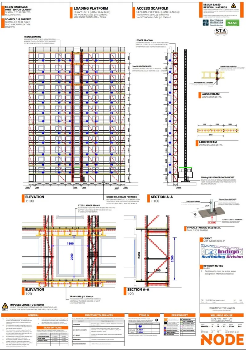 Wellings House construction drawing elevation, hoist run detail and access scaffold section