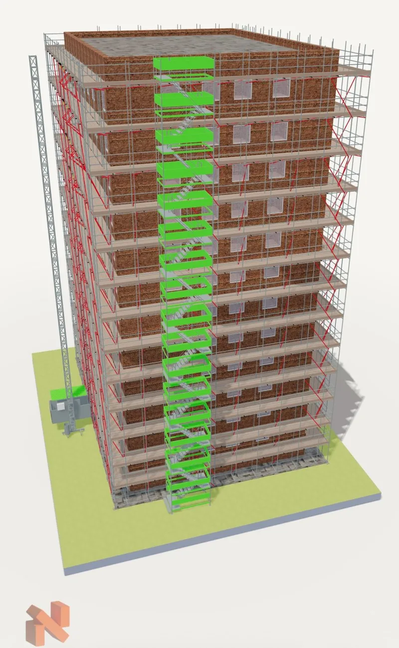 Wellings House 3D model view showing external staircase tower and 2,000 kg goods hoist run